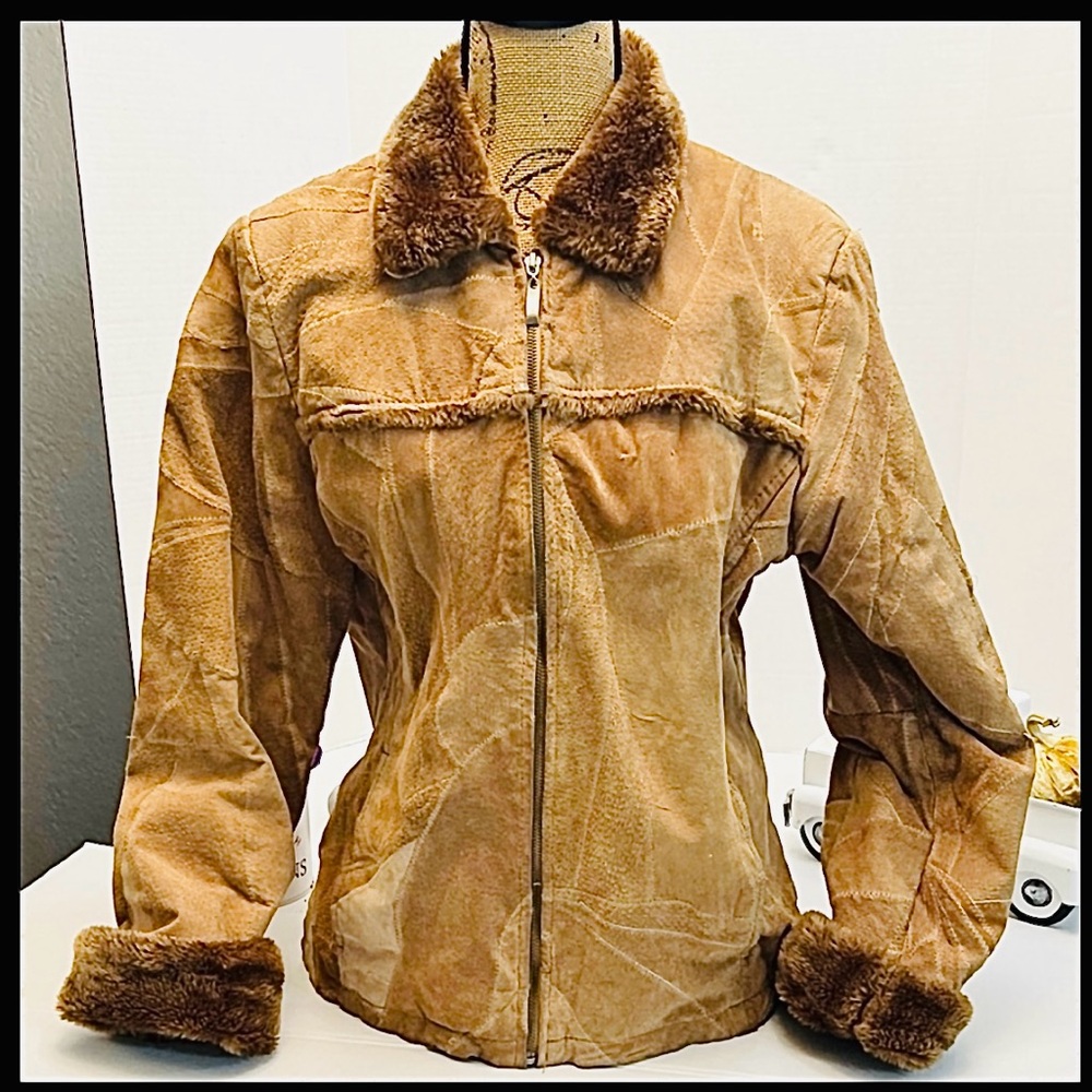 Y2K LEATHER WORKS PATCHWORK SUEDE PENNY LANE STYLE JACKET TAN/BROWN MEDIUM